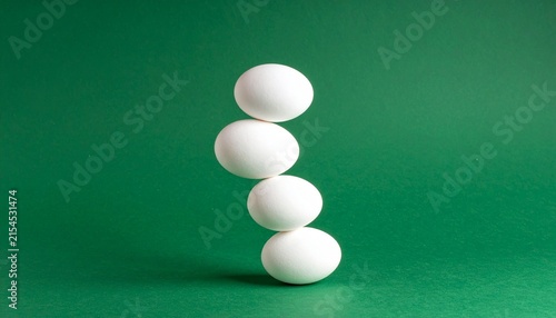 Precarious stack of four white eggs balancing on green background with vertical stability challenge ingredient nutrition