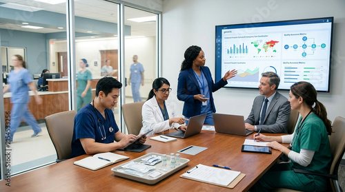 Diverse medical professionals collaborating in a modern hospital boardroom with a large screen display