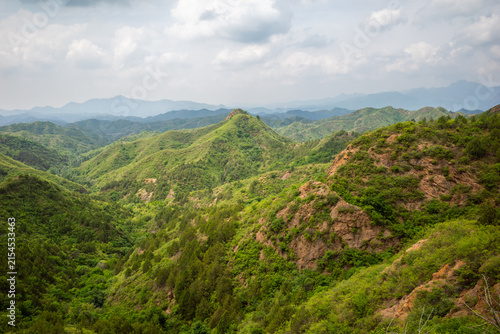 Lush Green Mountain Ridge and Valley Landscape in Hebei, China