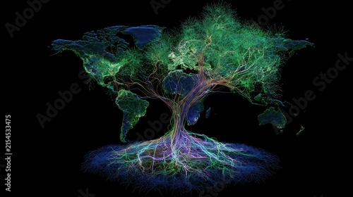 Cybernetic world tree with roots connecting continents and branches glowing like fiber optic networks. 