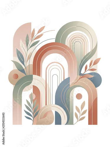 Abstract pastel arches with botanical shapes