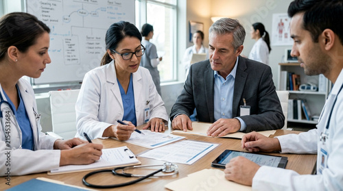 Diverse medical professionals collaboratively discuss patient care strategies during a hospital meeting