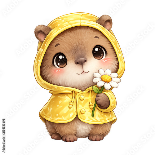 Cute bear cub in yellow raincoat holding daisy