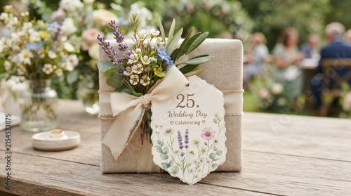 Beautiful wedding gift box with lavender flowers and a number 25 tag