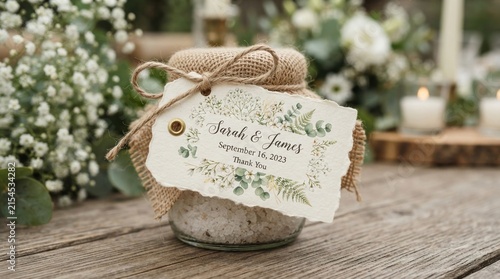 Rustic glass jar with wedding favor tag on a weathered wooden table
