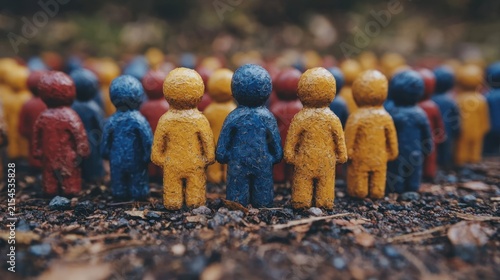 A blurred group of colorful toy figures on ground