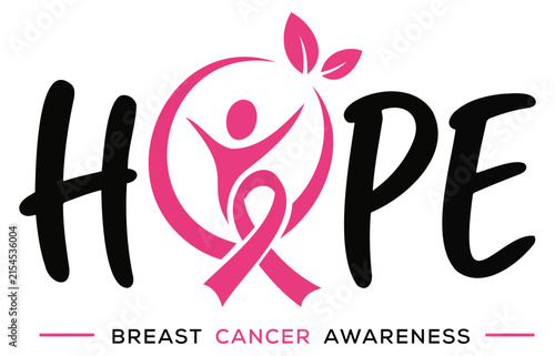 Breast cancer awareness hope typography, pink ribbon symbol with human figure, medical health support vector illustration