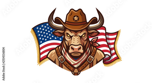 Angry Bull Cowboy Hat USA Flag Mascot Isolated