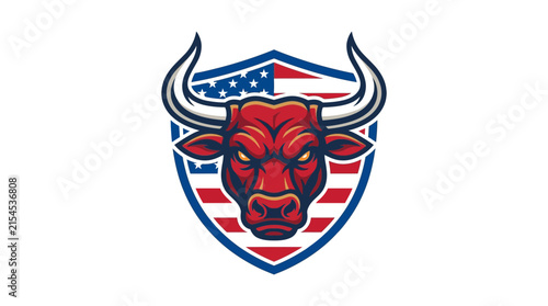 Angry Bull Head Emblem with American Flag Shield, Mascot Logo