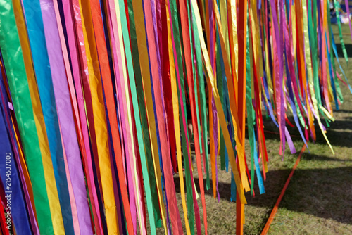 Rows of multicolored bright ribbons hanging vertically as an interactive holiday decoration or art installation in a park.