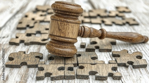 A gavel rests on wooden puzzle pieces