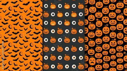 Set of three seamless halloween patterns with bats, eyeballs, and jackolantern pumpkins