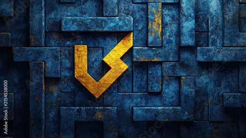 Abstract blue tiled texture with golden geometric shape