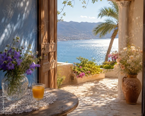 Mediterranean interior with a wooden table, flowers and a glass of orange juice overlooking a sunny sea view through an open doorway, peaceful coastal lifestyle and summer vacation atmosphere.
