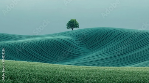 A lone tree sits atop wavy green hills