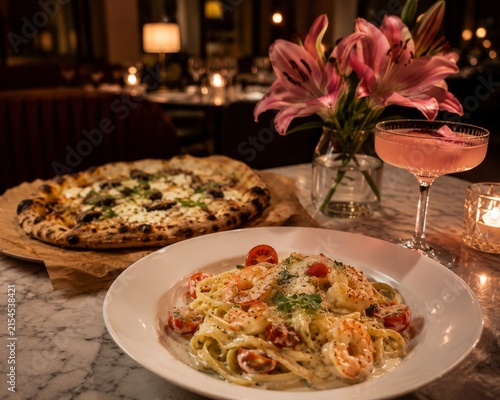 Elegant restaurant scene with creamy seafood pasta, artisan pizza, pink cocktail and fresh flowers on a marble table, warm ambient lighting creating a cozy fine dining atmosphere.