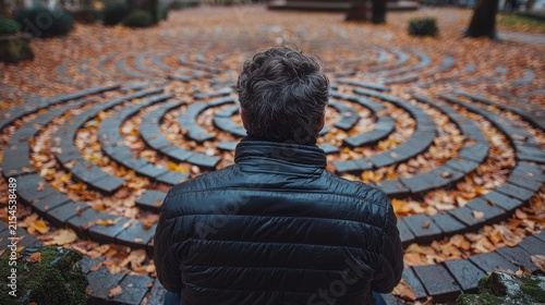 A man sits before a circular leaf-strewn maze