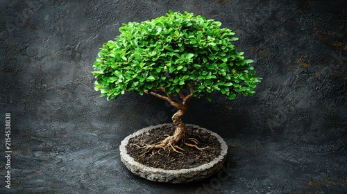 A miniature tree in a stone pot