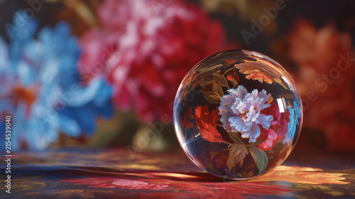Clear glass sphere reflecting colorful floral painting background