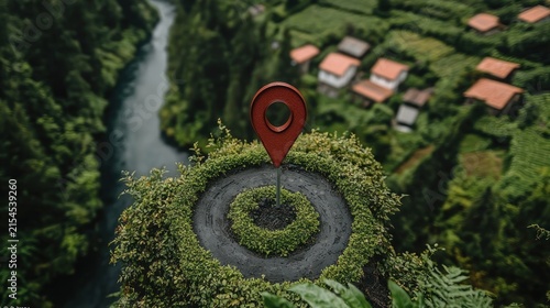 A red pin marks a point overlooking river