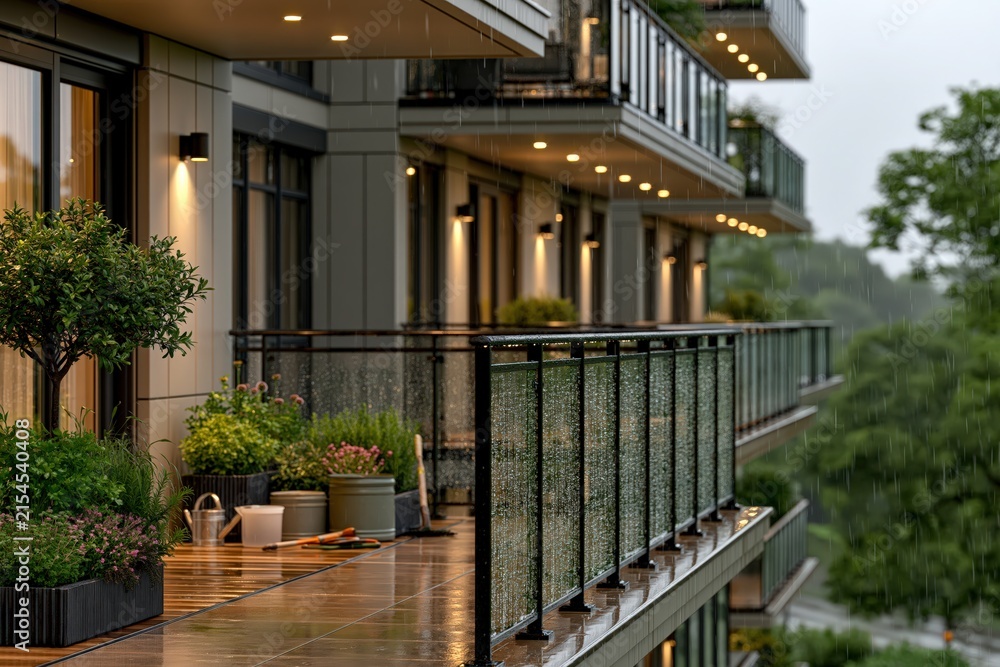 Fototapeta premium Modern apartment balcony rainy day exterior architecture lifestyle view