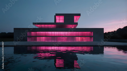 sunset over the river, modern house