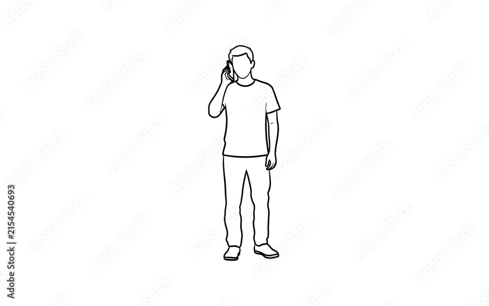 Fototapeta premium Line drawing depicts a man talking on a mobile phone