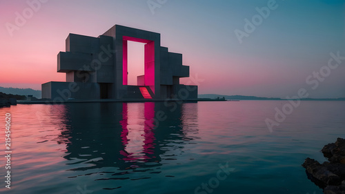 sunset over the river, modern house