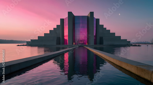 sunset over the river, modern house