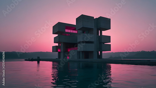sunset over the river, modern house
