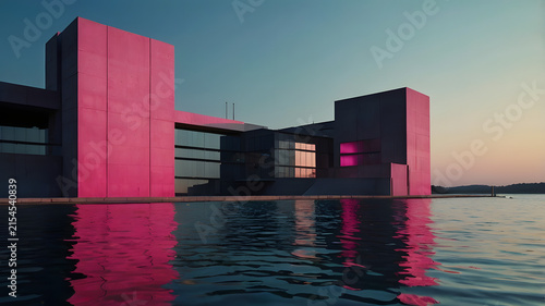 sunset over the river, modern house