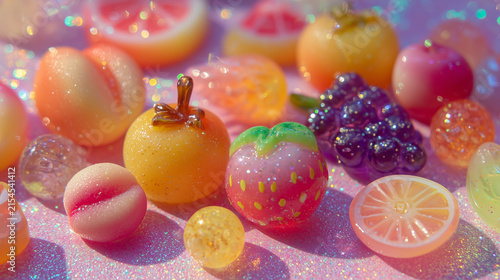 Sparkling pastel fruit candies with glitter on pink background
