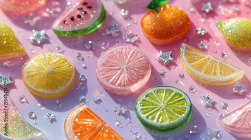 Sparkling resin fruit slices and stars on a pink background