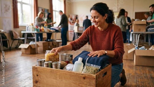 Smiling female volunteer packing food and clothing donation box in wooden crate at community center, charity food drive, humanitarian assistance, and social work concept. 