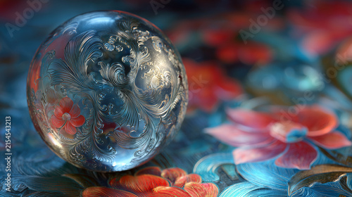 Glass sphere with intricate floral engraving on a colorful background