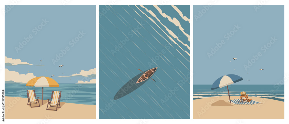 Naklejka premium Summer view travel posters set, beach postcards, summer banners, covers