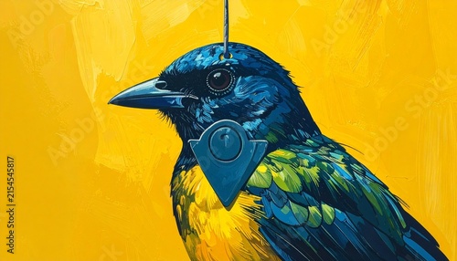 Colorful bird with vibrant blue and yellow feathers on bright background.