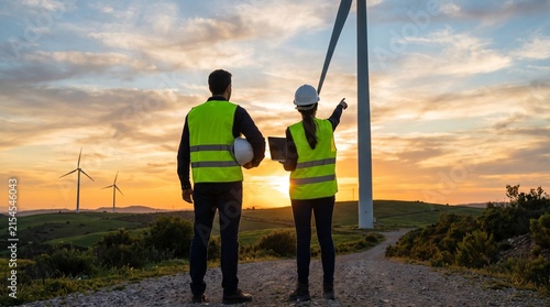 Engineers in high-visibility vests inspecting a wind turbine farm at sunset for renewable energy