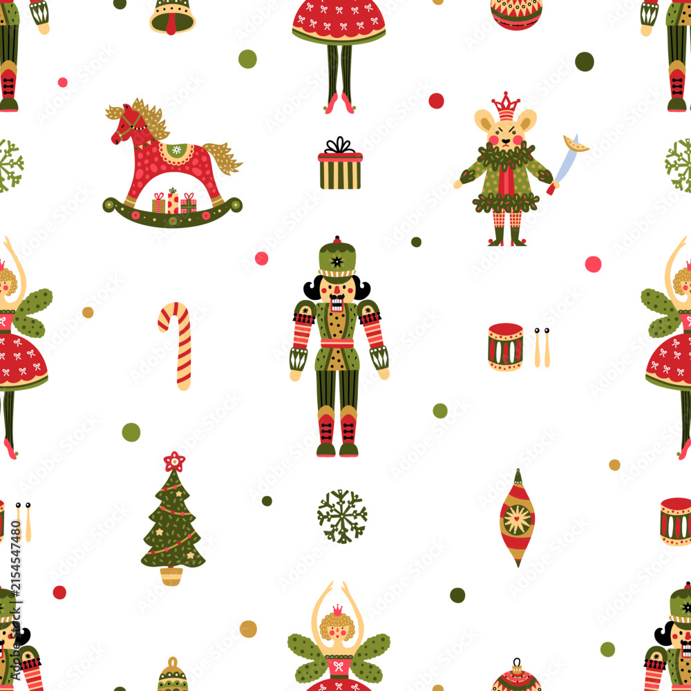 Fototapeta premium Christmas Nutcracker seamless pattern for wrapping paper. Vector holiday textile design with cute fairytale characters, soldier toy, mouse king, ballerina, and winter decoration on white background.
