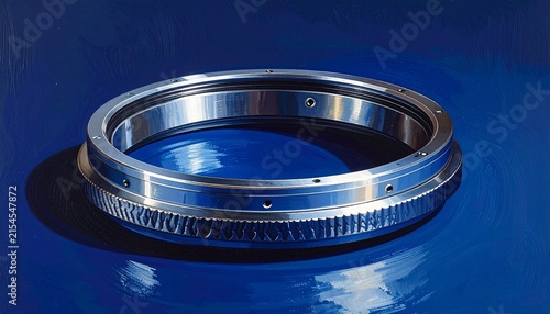 Precision metal bearing ring on blue background.