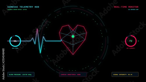 Futuristic Digital Cardiac Telemetry HUD Monitor with Heartbeat Analysis and Medical Data Interface
