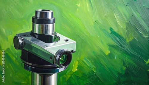 Precision Camera Tripod Head with Green Bokeh Background.
