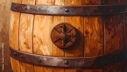 Close up of rustic wooden barrel with metal bands.