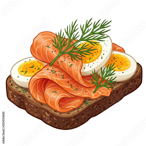 Traditional Danish smorrebrod open faced sandwich with smoked salmon and boiled egg isolated on white