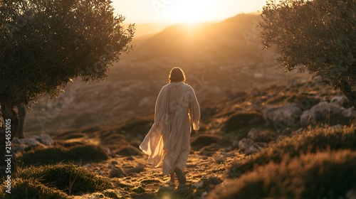 Spiritual figure in robes walking on a path towards a golden sunset among olive trees in a rocky landscape