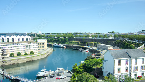 Panoramic view of Brest cityscape and ocean bay from urban cable car Brittany France 