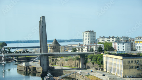 High angle view of Recouvrance Bridge and Penfeld River in Brest Brittany France 