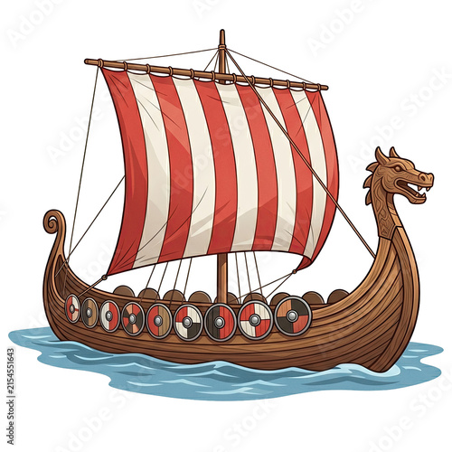 A traditional Viking longship with a red and white sail navigating on stylised blue water