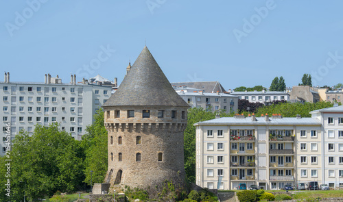 Panoramic view of Brest cityscape and ocean bay from urban cable car Brittany France 