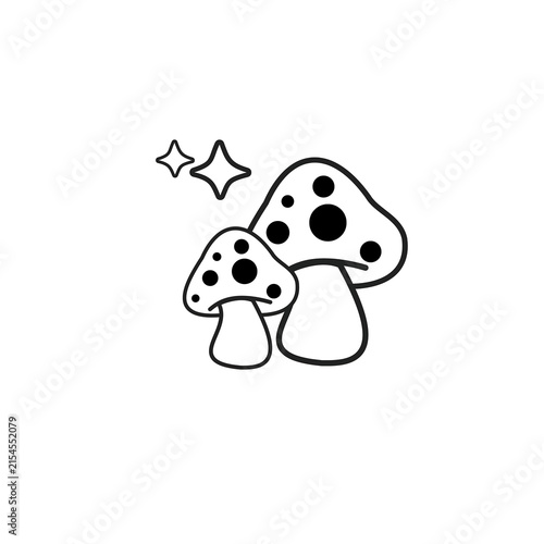 Cuadro en lienzo Enchanted Fungi Duo: Two whimsical mushrooms, one larger than the other, are depicted in a simple outline illustration, accompanied by sparkling stars, suggesting a magical and enchanting theme